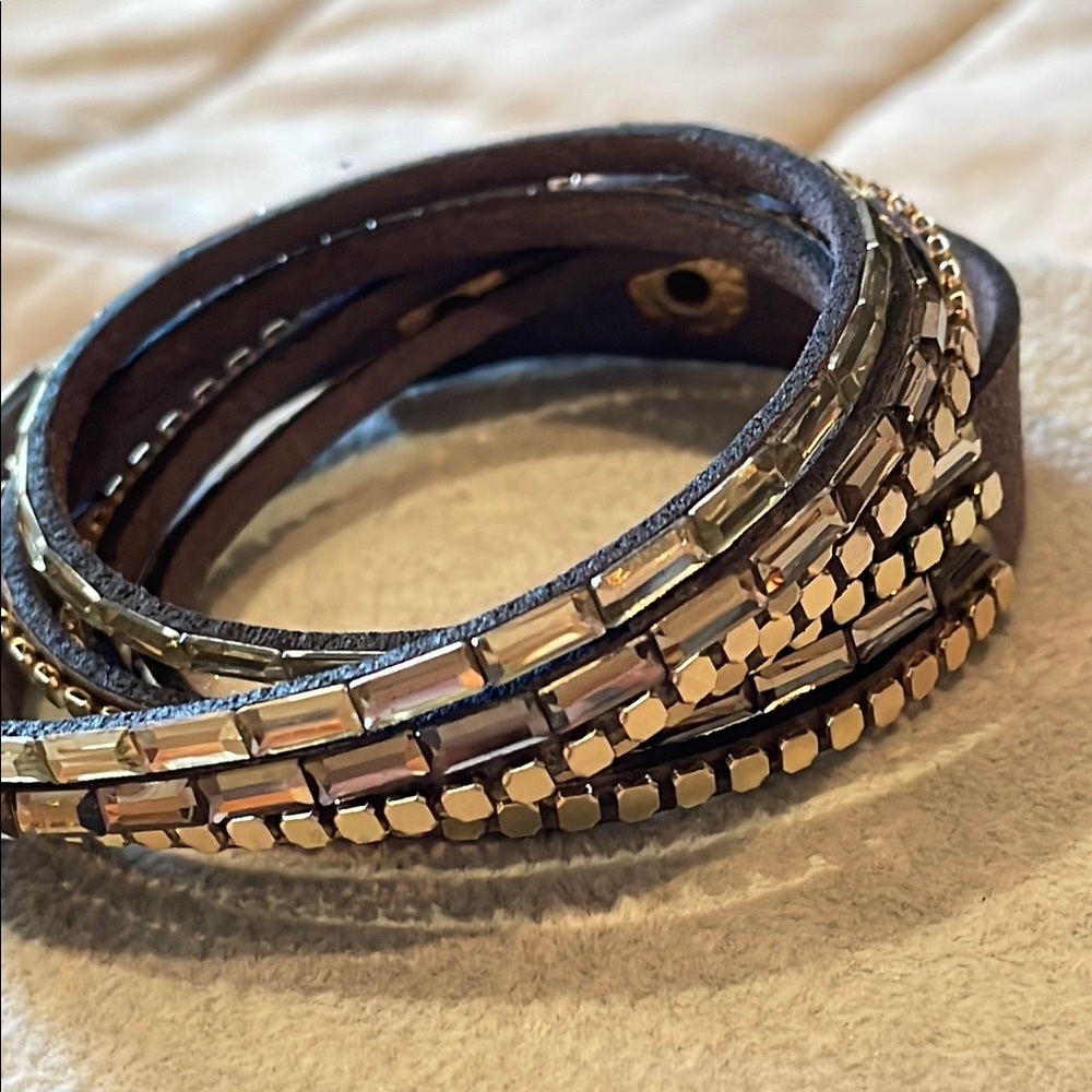 Trendy Mirror Stud and Brown Wrap Bracelet 16 1/2”